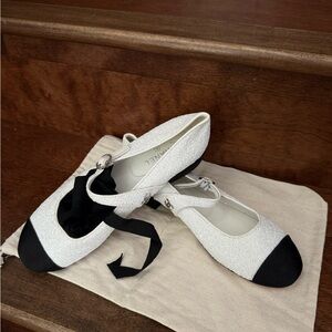 CHANEL Women's Glittery White and Black Flats